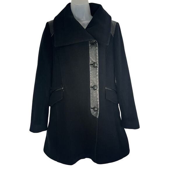 COLE HAAN Wool Cashmere Lambskin Leather Trimmed Trench Coat Classic Black Sz 6 - Picture 1 of 16